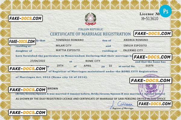 Italy marriage certificate PSD template, fully editable