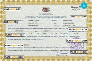 Latvia marriage certificate PSD template, fully editable