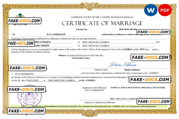 Gambia marriage certificate Word and PDF template, completely editable