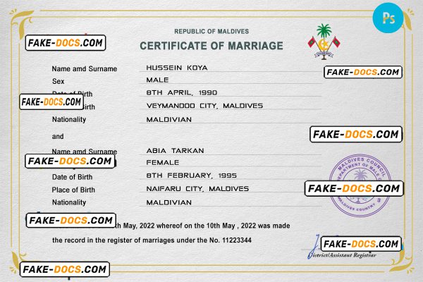 Maldives marriage certificate PSD template, fully editable