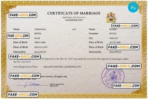 Malawi marriage certificate PSD template, fully editable
