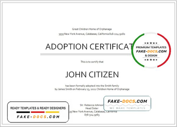 USA Adoption Certificate template in Word and PDF format