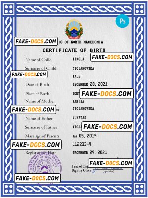 North Macedonia vital record birth certificate PSD template