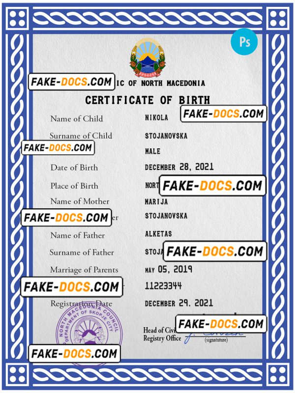 North Macedonia vital record birth certificate PSD template
