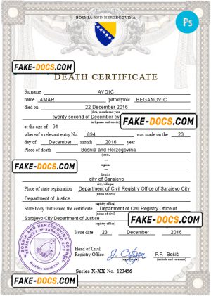 Bosnia and Herzegovina vital record death certificate PSD template, completely editable