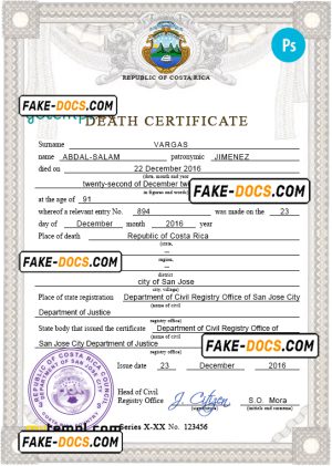 Costa Rica death certificate PSD template, completely editable