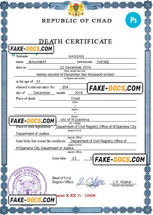Chad vital record death certificate PSD template, completely editable