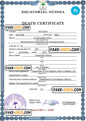 Equatorial Guinea death certificate PSD template, completely editable