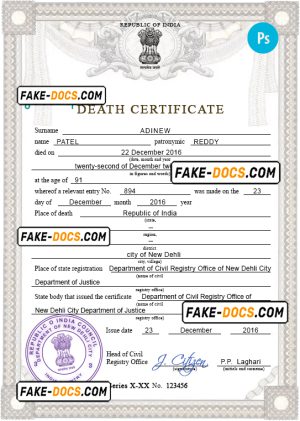 India death certificate PSD template, completely editable