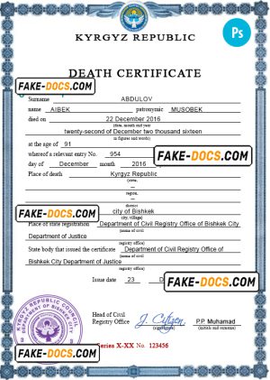 Kyrgyzstan death certificate PSD template, completely editable