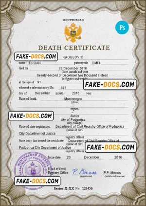 Montenegro vital record death certificate PSD template, fully editable