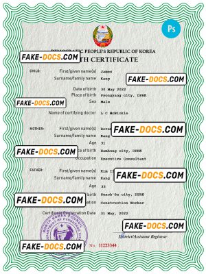 North Korea birth certificate PSD template, completely editable