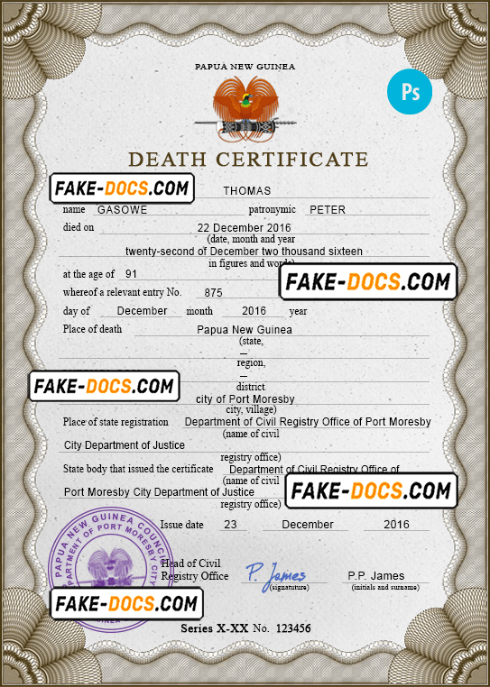 Papua New Guinea death certificate PSD template, completely editable