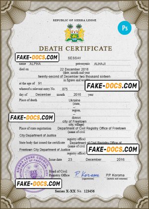 Sierra Leone vital record death certificate PSD template, completely editable