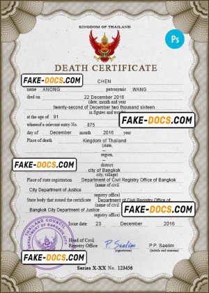 Thailand death certificate PSD template, completely editable