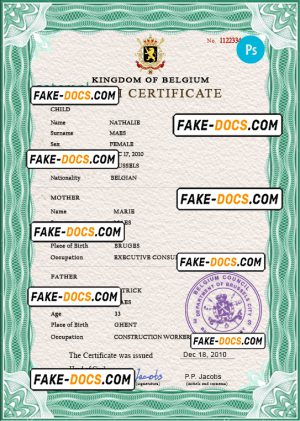 Belgium vital record birth certificate PSD template, fully editable