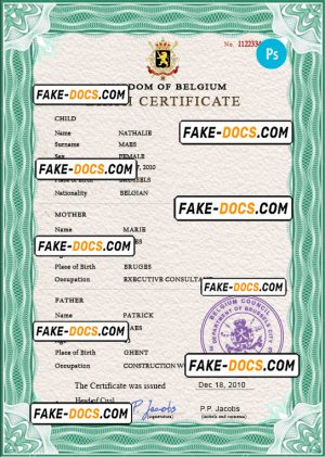 Belgium vital record birth certificate PSD template, fully editable