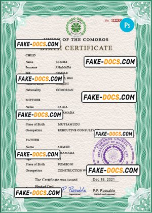 Comoros vital record birth certificate PSD template, fully editable