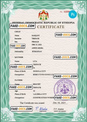Ethiopia birth certificate PSD template, completely editable