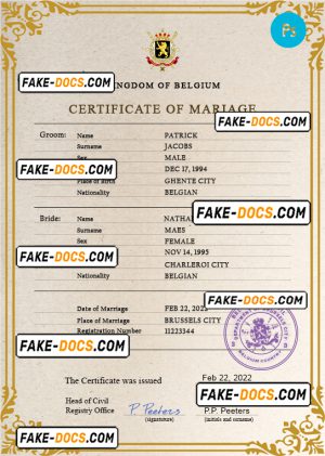 Belgium marriage certificate PSD template, completely editable