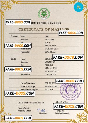 Comoros marriage certificate PSD template, completely editable