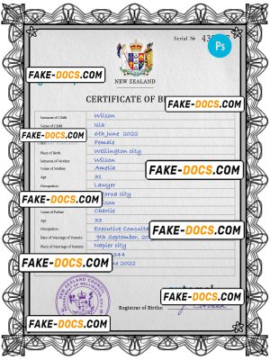 New Zealand birth certificate PSD template, completely editable