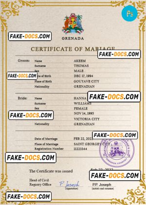 Grenada marriage certificate PSD template, fully editable