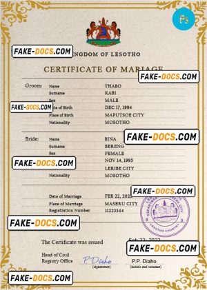 Lesotho marriage certificate PSD template, fully editable