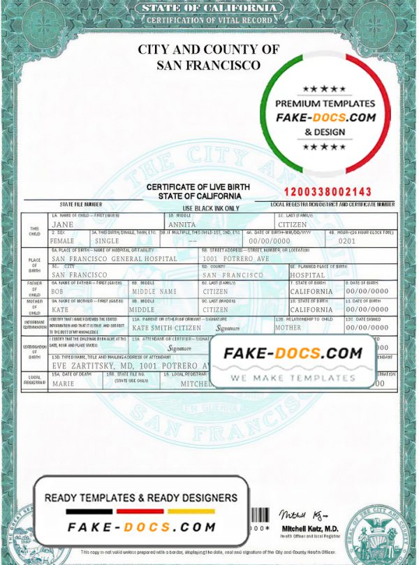 USA California state birth certificate template in PSD format, fully editable