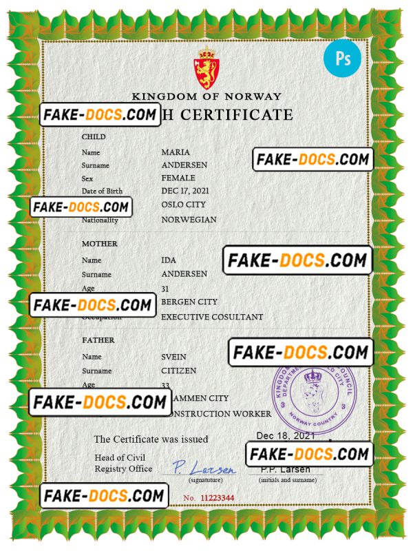 Norway birth certificate PSD template, completely editable