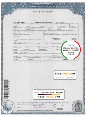 USA Texas state birth certificate template in PSD format, fully editable