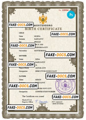 Montenegro vital record birth certificate PSD template