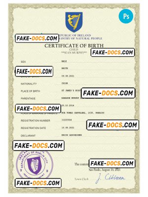 Ireland vital record birth certificate PSD template