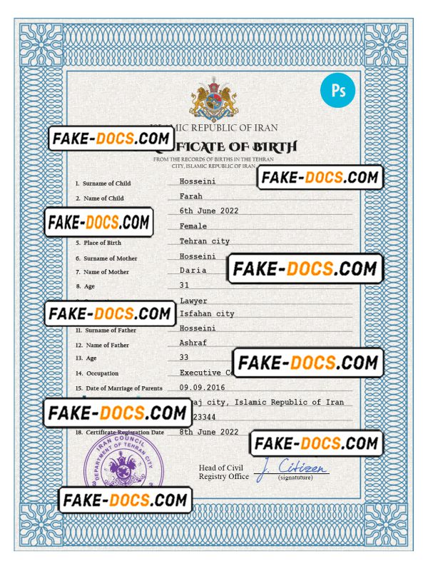 Iran birth certificate PSD template, completely editable