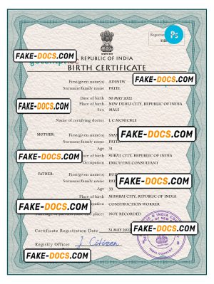 India vital record birth certificate PSD template