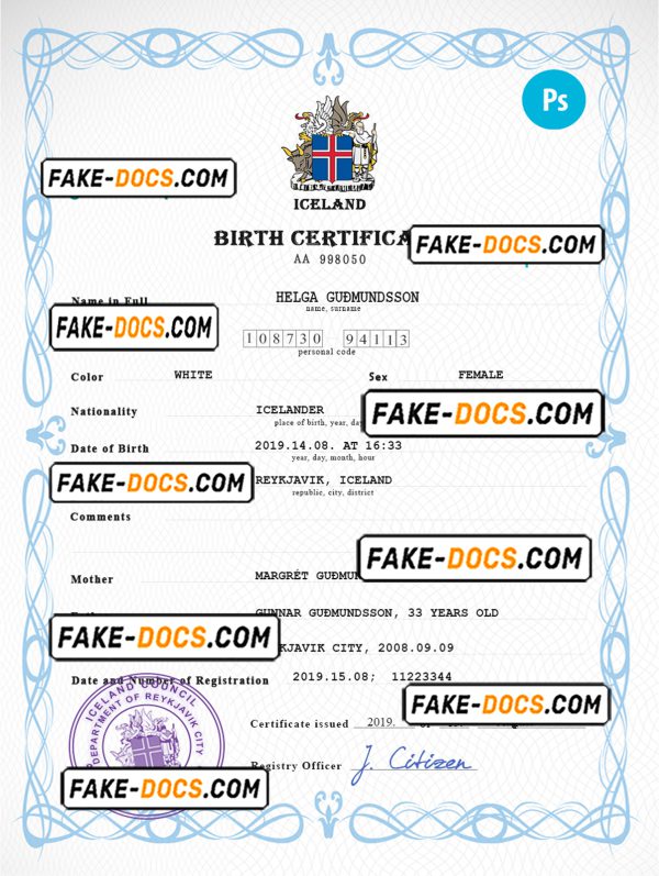 Iceland vital record birth certificate PSD template, fully editable