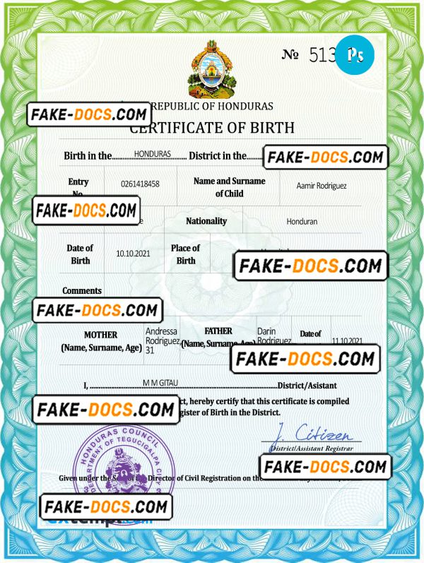 Honduras vital record birth certificate PSD template