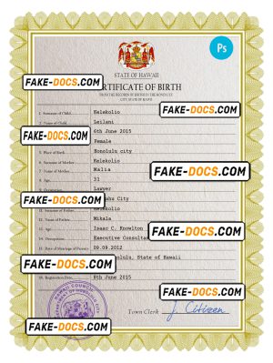 Hawaii birth certificate PSD template, completely editable