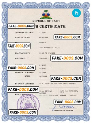 Haiti vital record birth certificate PSD template