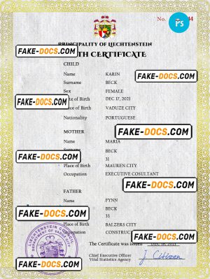 Liechtenstein vital record birth certificate PSD template, fully editable