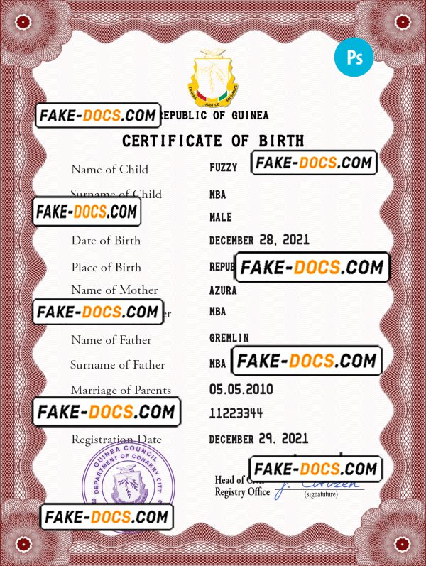 Guinea vital record birth certificate PSD template, completely editable