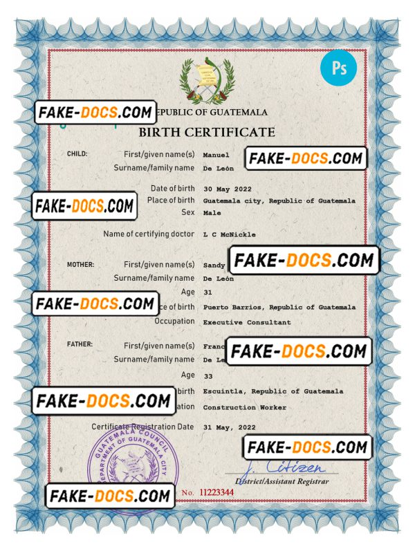 Guatemala vital record birth certificate PSD template