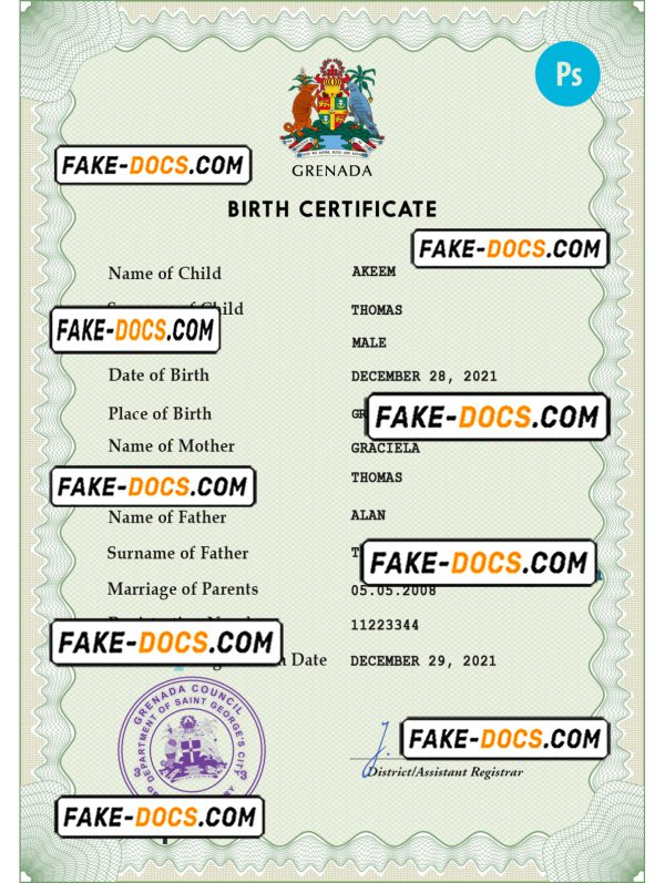 Grenada vital record birth certificate PSD template, fully editable