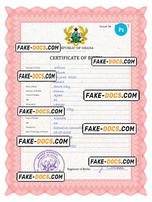 Ghana vital record birth certificate PSD template, completely editable
