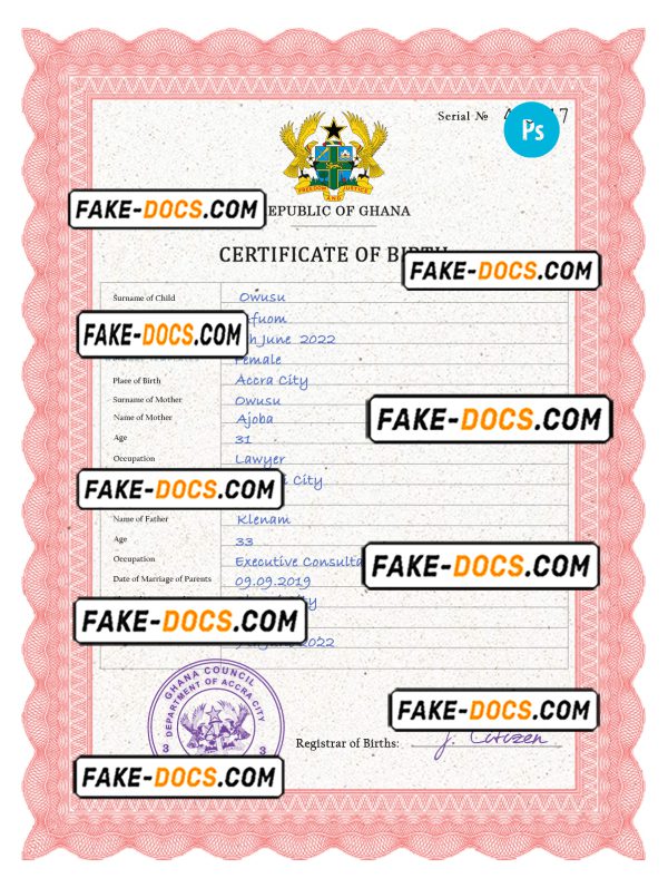 Ghana vital record birth certificate PSD template, completely editable