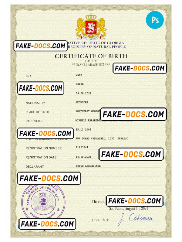 Georgia vital record birth certificate PSD template