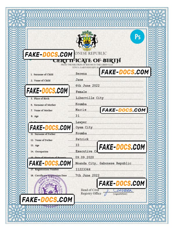 Gabon birth certificate PSD template, completely editable