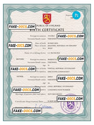 Finland vital record birth certificate PSD template