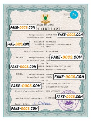 Libya birth certificate PSD template, completely editable