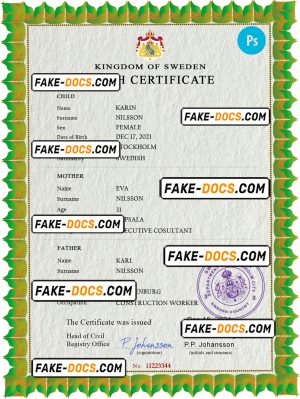 Sweden vital record birth certificate PSD template, fully editable